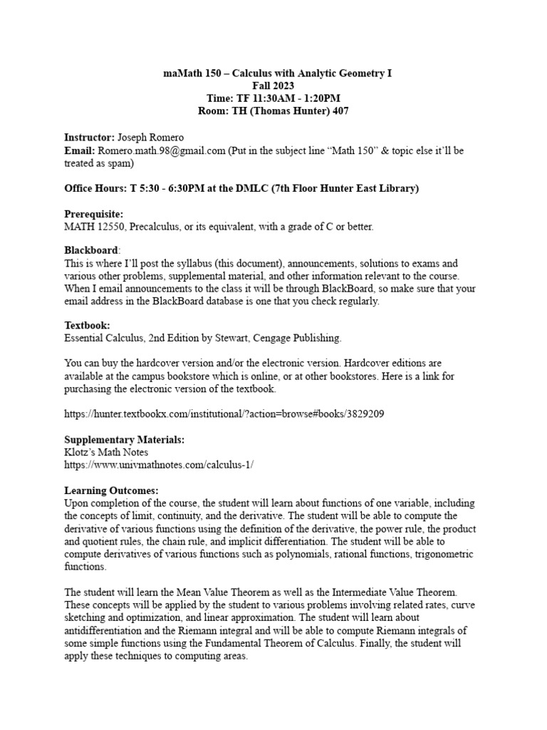 MATH 150 Syllabus | PDF | Derivative | Integral
