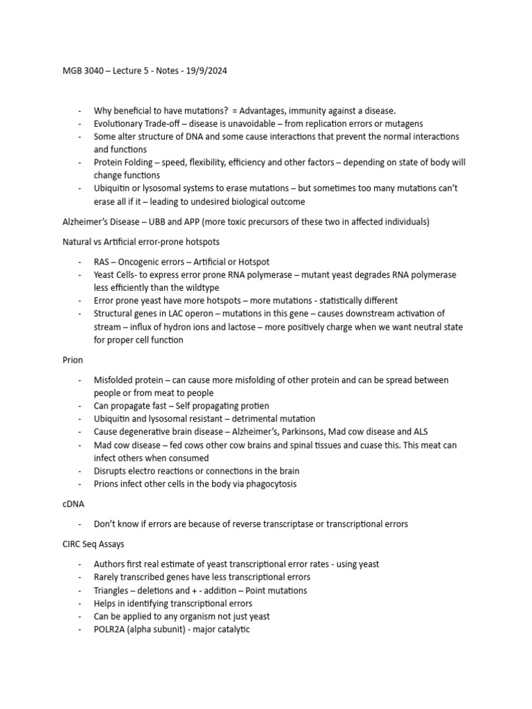 MGB 3040 - Lecture 5 Notes | PDF | Mutation | Gene