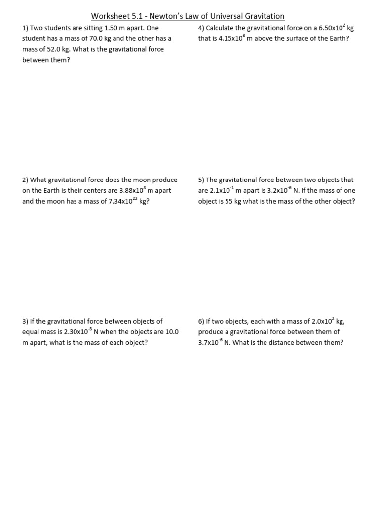 Gravitational Force Calculations Worksheet | PDF | Mass | Gravity