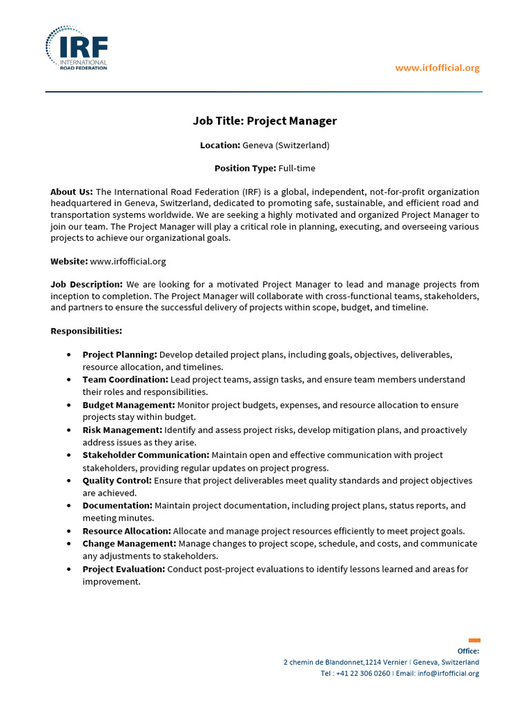 Project Manager Position in Geneva | PDF | Project Manager | Goal