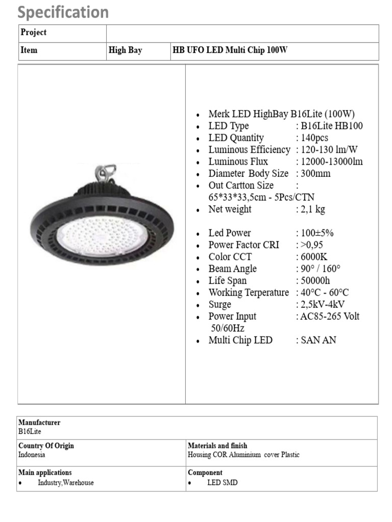 High Bay UFO LED Specifications | PDF | Electricity | Electrical
