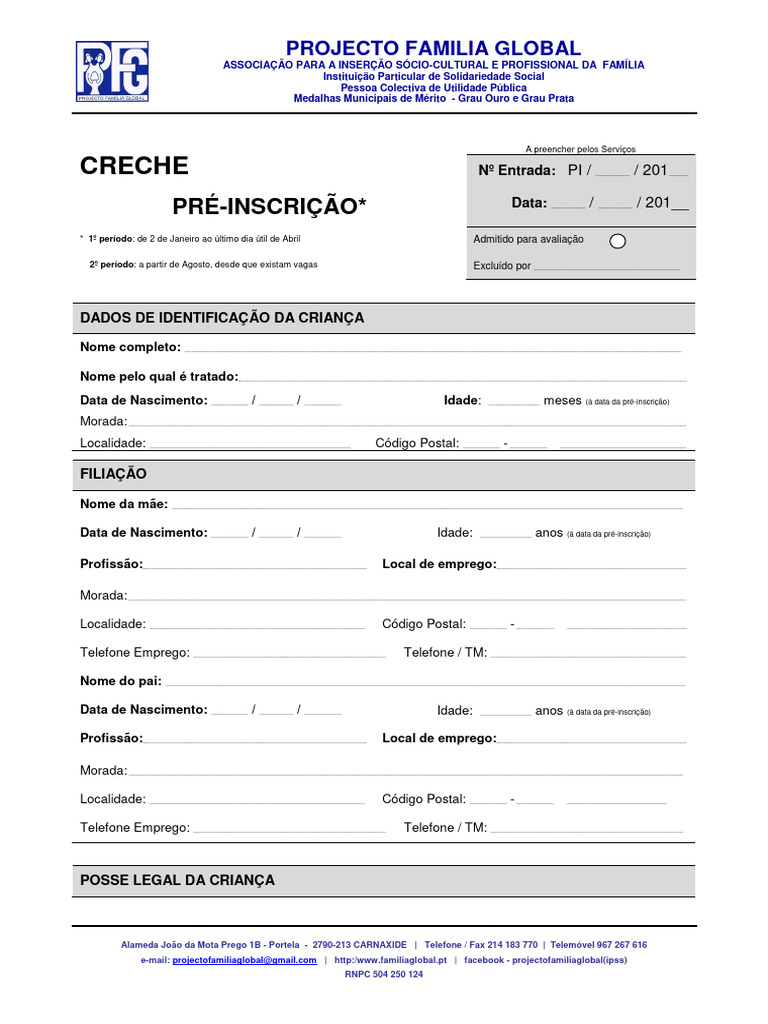 Ficha de Pré-Inscrição para Creche | PDF | Família | Parentesco e ...