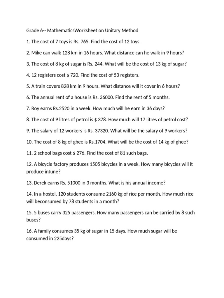 Grade 6 Mathematics: Unitary Method Worksheet | PDF