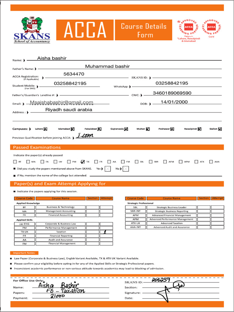 SKANS ACCA Fee Structure Overview | PDF