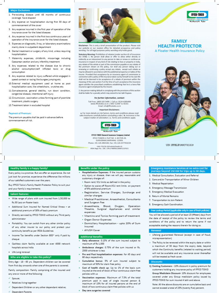 IFFCO Tokio Family Health Protector Plan | PDF | Insurance | Fee