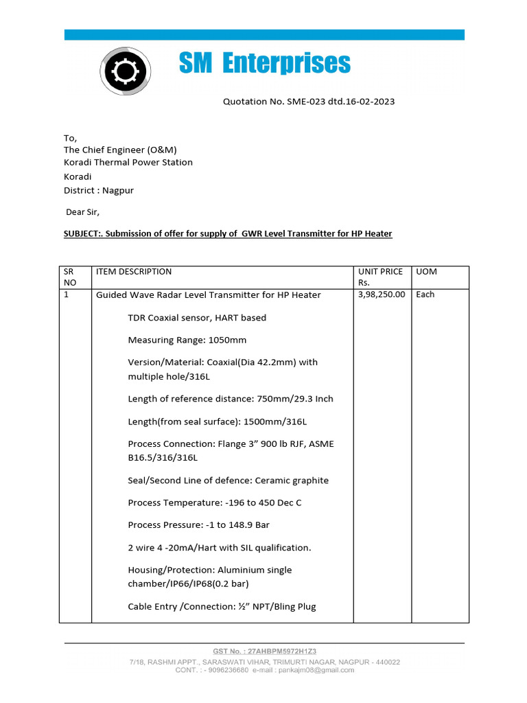 GWR Level Transmitter Offer Submission | PDF