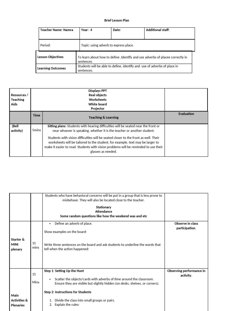 Adverbs of Place Lesson Plan | PDF | Lesson Plan | Teachers