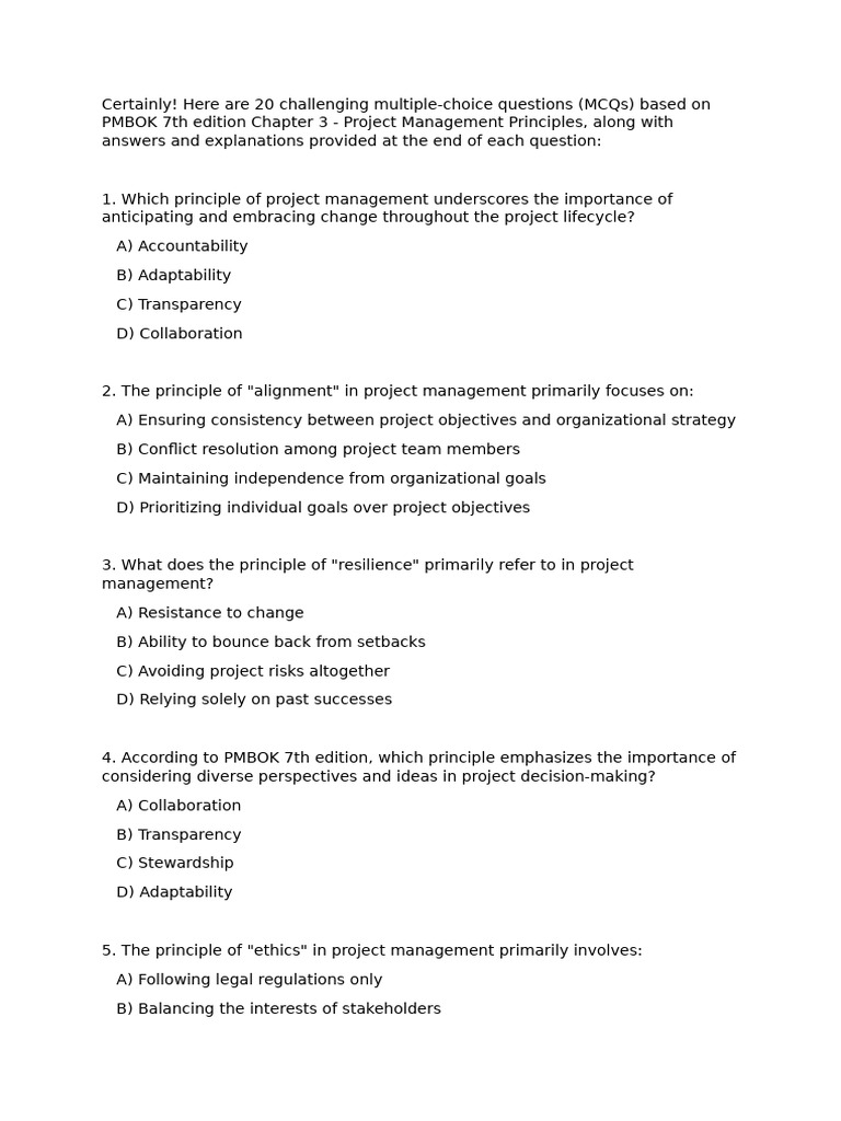 Section 05 Project Management Principles 20 MCQ's | PDF | Project ...