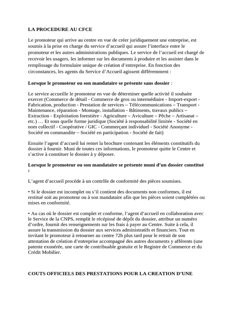 Création d'entreprise au CFCE: Guide complet | PDF | Certificat de ...