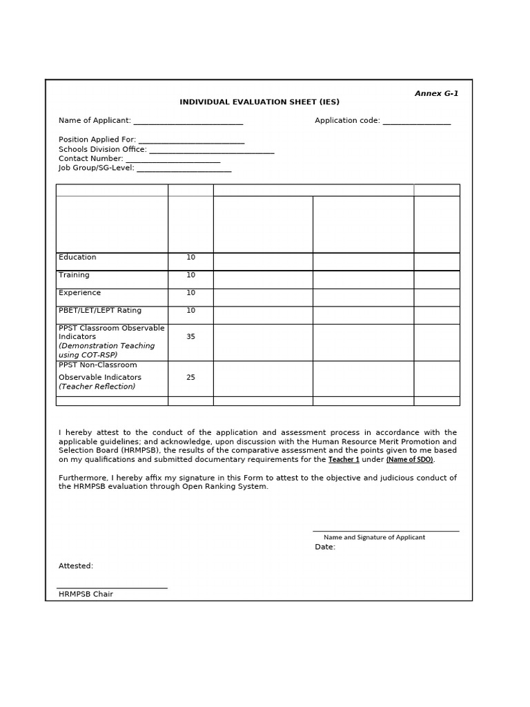 Individual Evaluation Sheet for DepEd | PDF