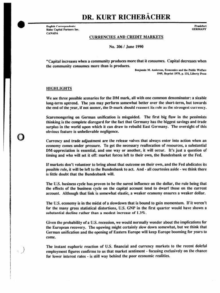 206 - The Richebacher Letter - June 1990, America-Germany - An Awesome ...