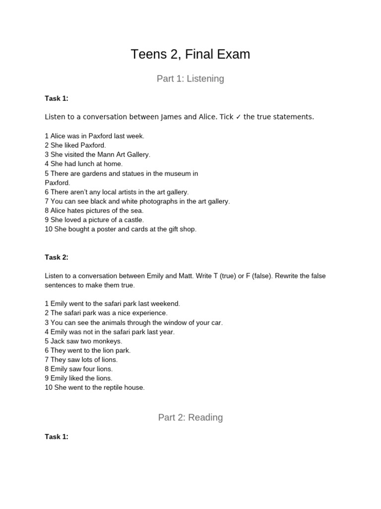 Final Exam: Listening & Reading Tasks for Teens | PDF