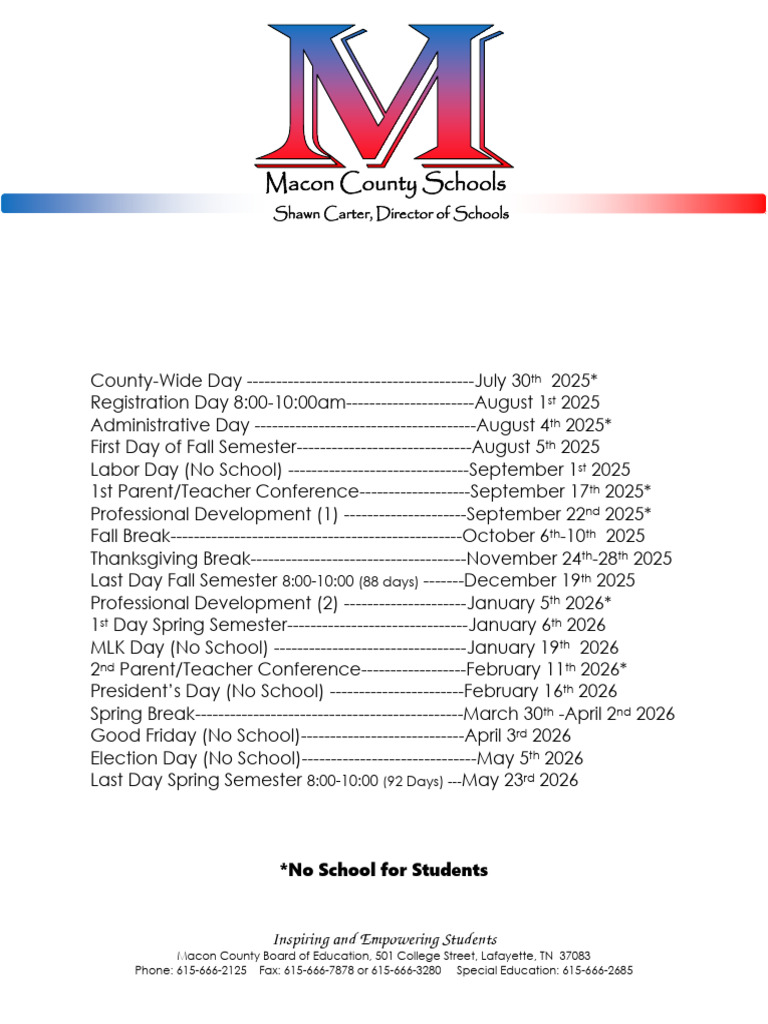 2025 2026 Macon County School Calendar With CW PDF 2025 2026 Macon County School Calendar With CW PDF