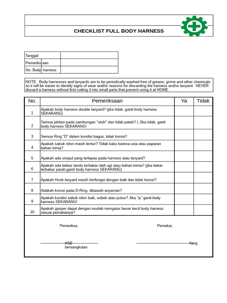 Checklist Full Body Harness HK HWI | PDF