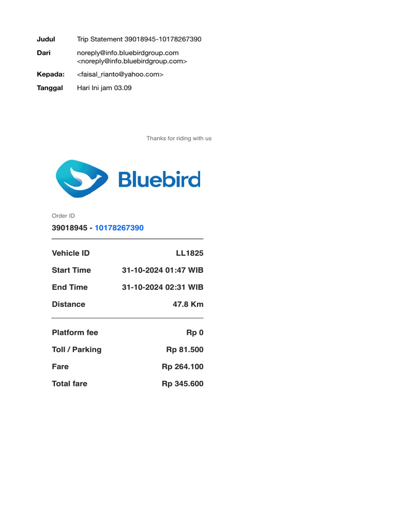 Trip Statement for Order ID 39018945 | PDF