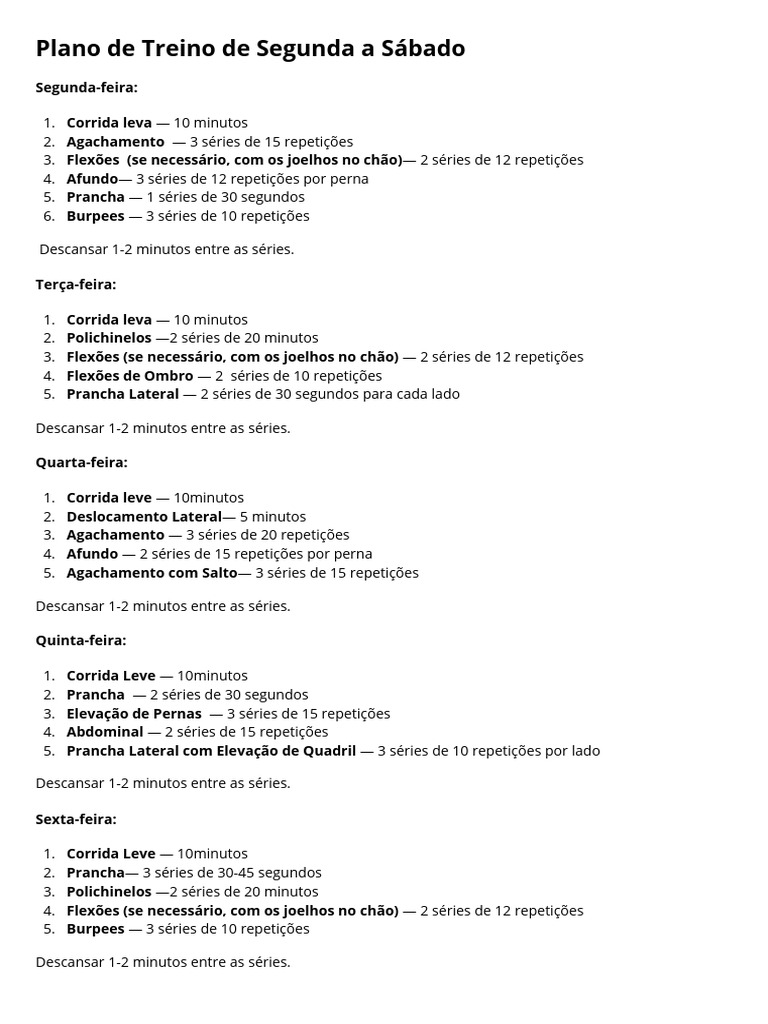 Plano de Treino Semanal: Segunda a Sábado | PDF