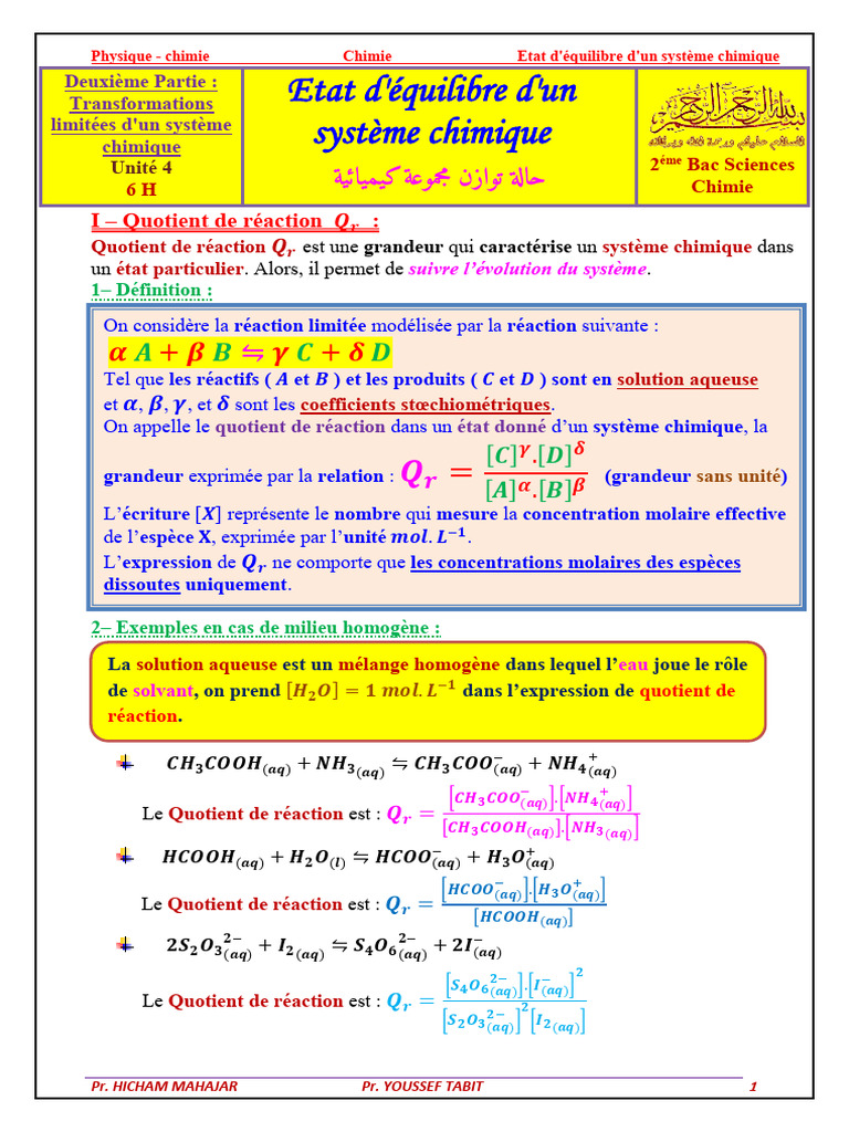 Équilibre chimique et quotient de réaction | PDF | Équilibre chimique ...
