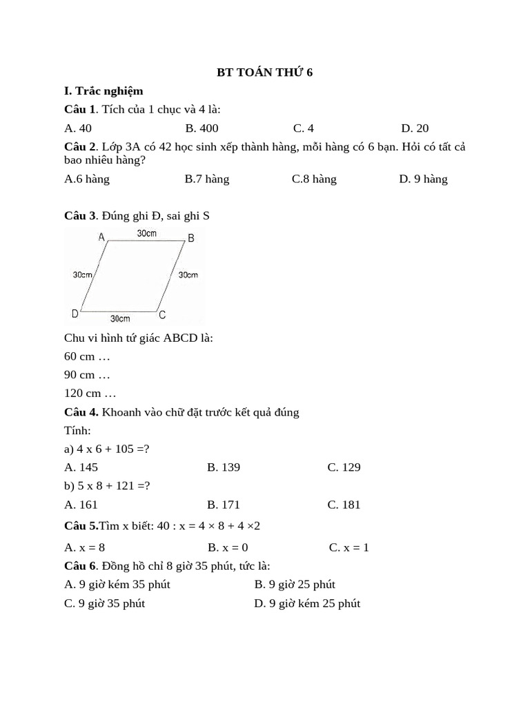 BT Toán TH 6 | PDF