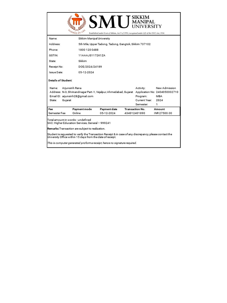 Sikkim Manipal University Admission Receipt | PDF