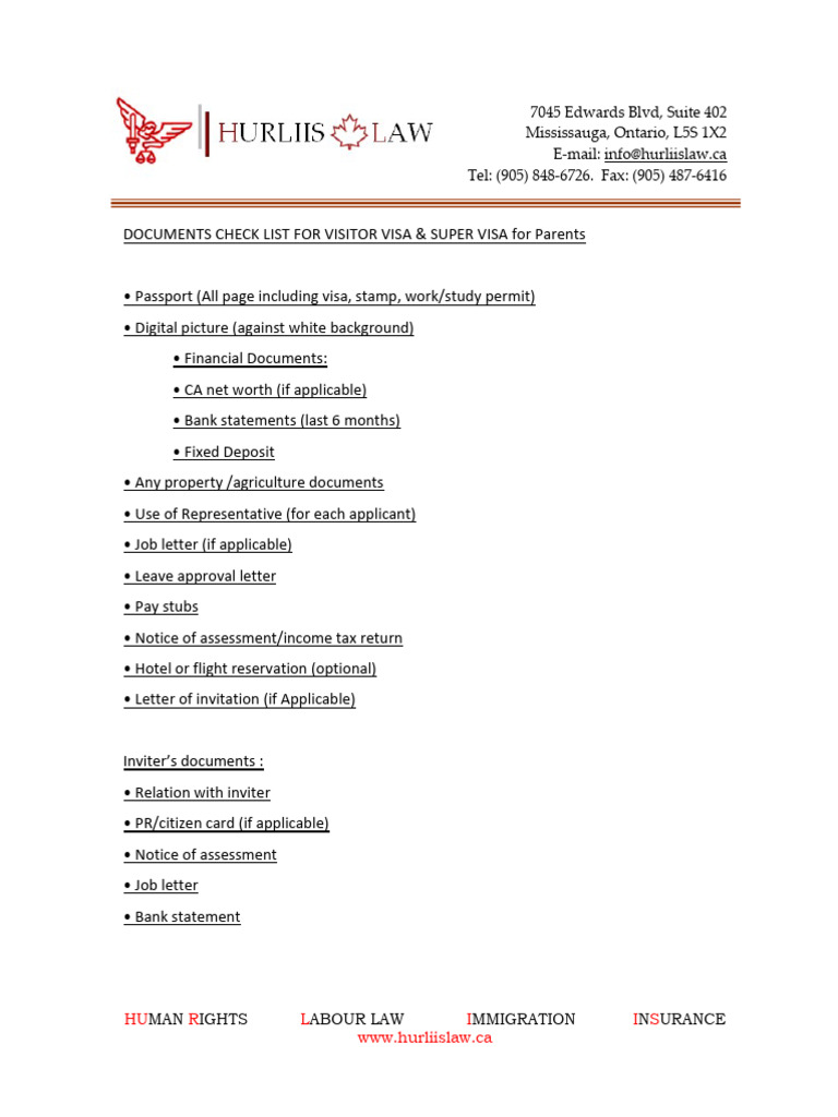 Super Visa Document Checklist for Parents | PDF