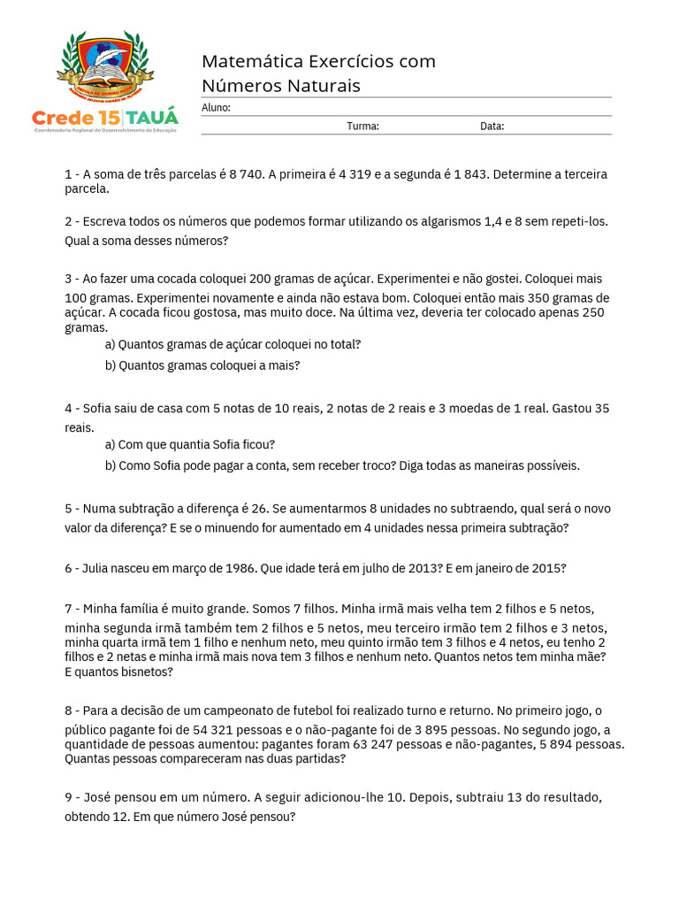 Exercícios de Matemática: Números Naturais | PDF