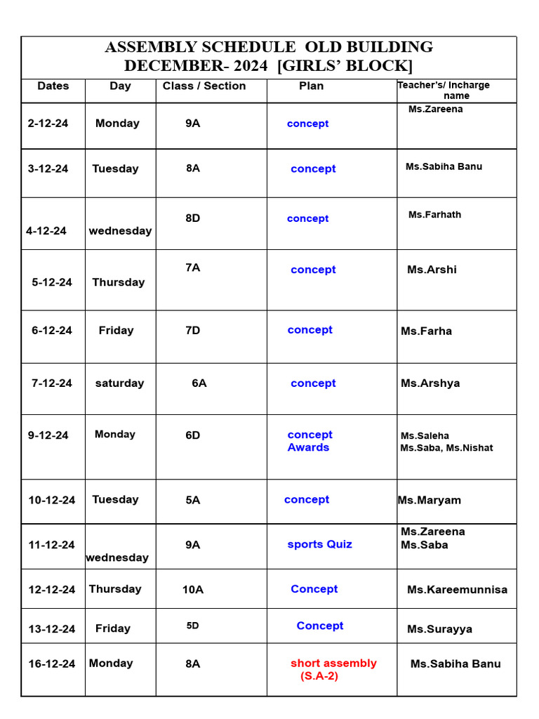 December 2024 Assembly Schedule | PDF