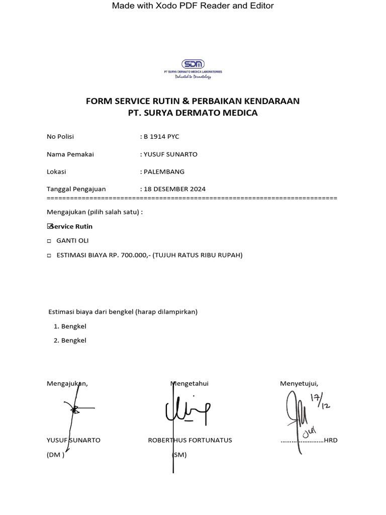 Formulir Service Rutin Kendaraan | PDF