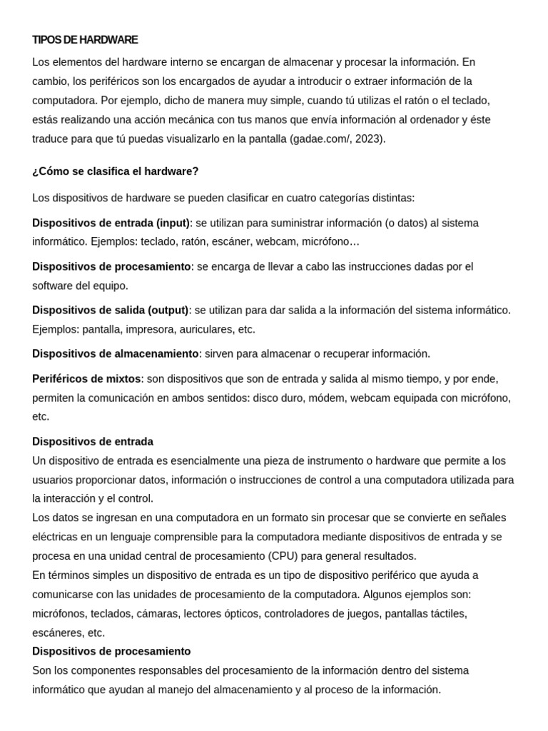 Clasificación de Tipos de Hardware | PDF | Periférico | Hardware de la ...