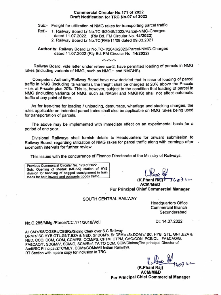 171 - Freight For Utilization of NMG Rakes For Transporting Parcel ...