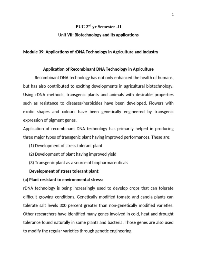 rDNA Technology Applications in Agriculture | PDF | Genetically ...