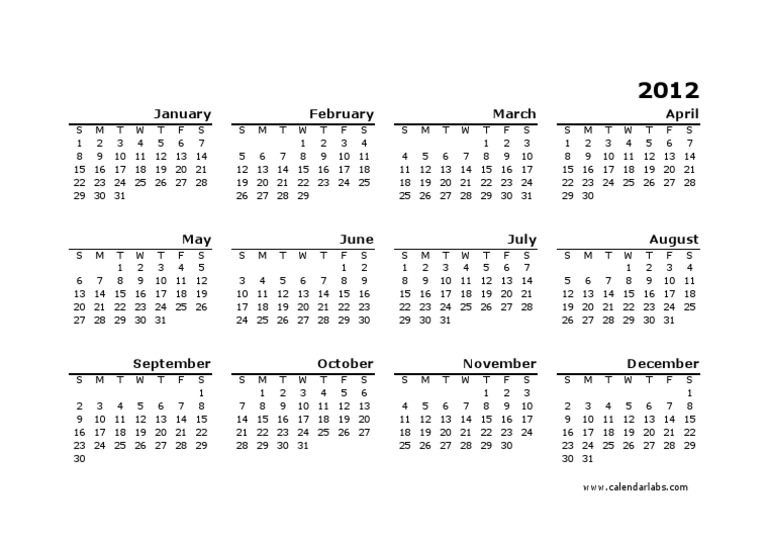2012 Yearly Calendar Overview Pdf 