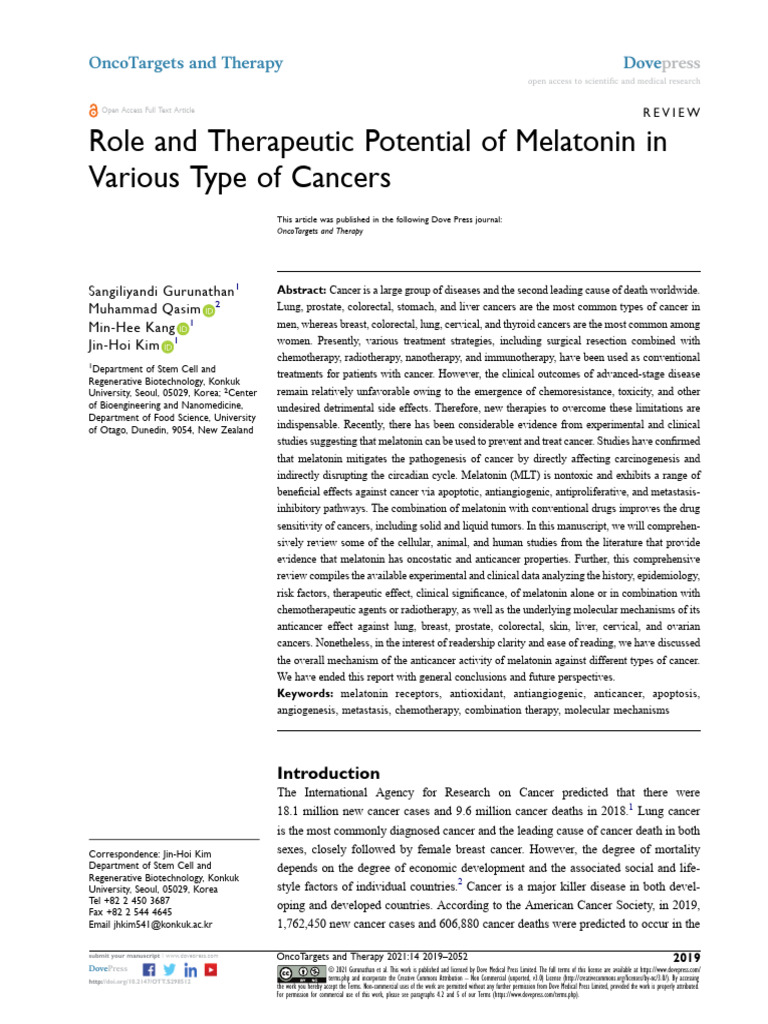 Role and Therapeutic Potential of Melatonin in Various Type of Cancers ...