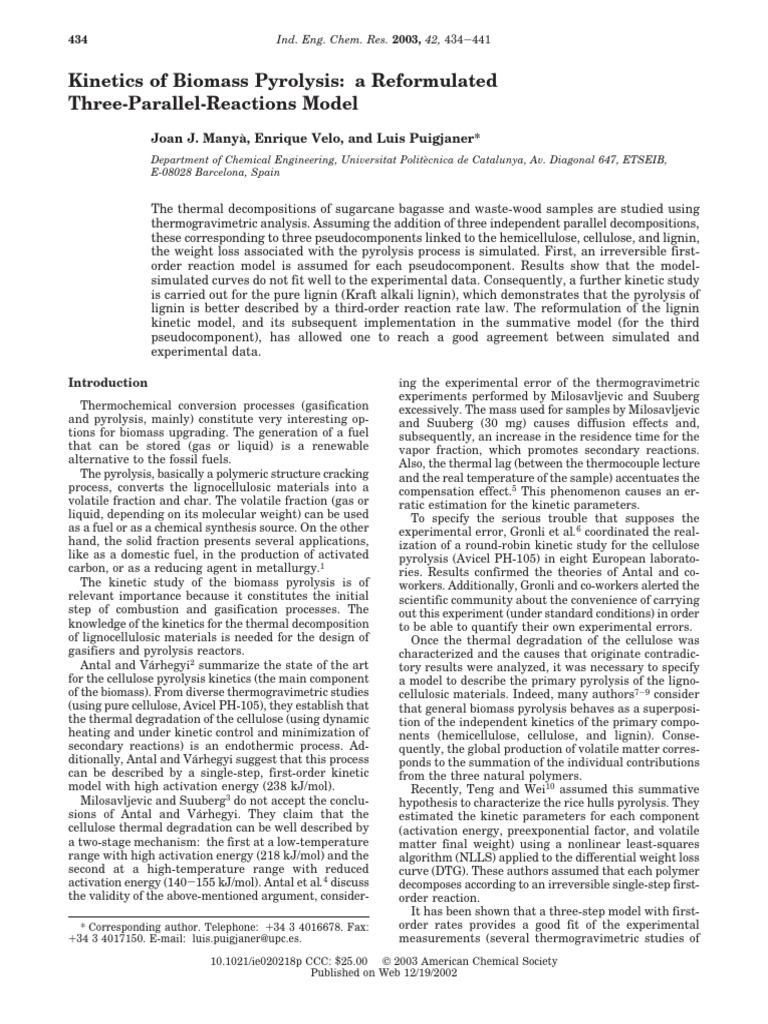 Kinetics of Biomass Pyrolysis A Reformul | PDF | Pyrolysis ...