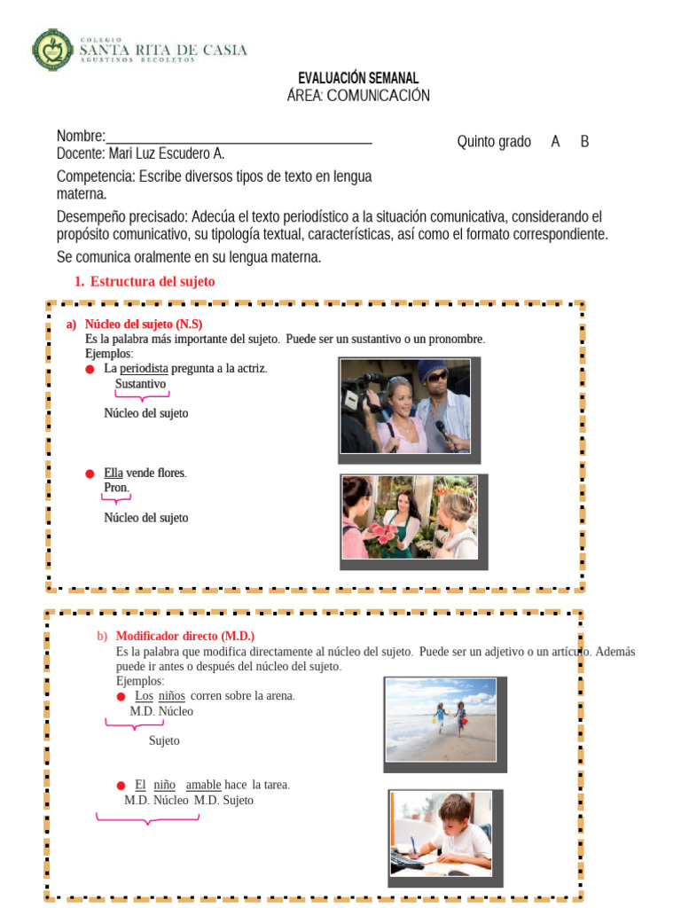 El Sujeto y Su Estructura para Quinto Grado de Primaria | PDF ...