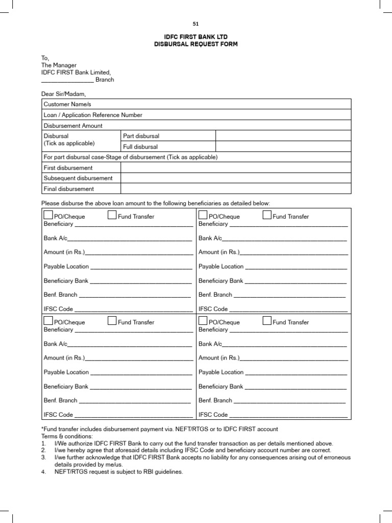 IDFC First Bank Disbursal Request Form | PDF | Banking Technology | Money