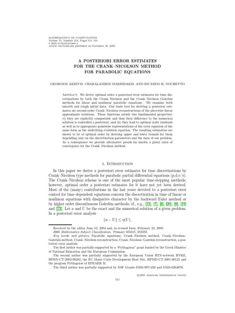 A Posteriori Error Estimates For The Crank-Nicolson Method For ...