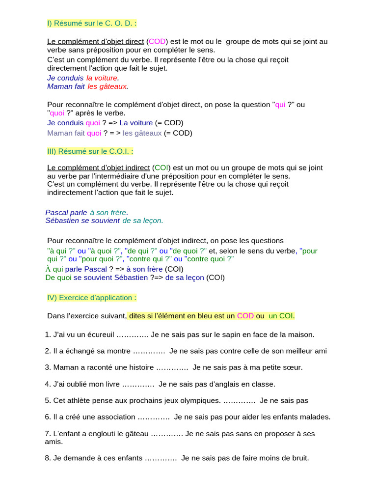 Exercices sur COD et COI en français | PDF | Complément d'objet | Syntaxe