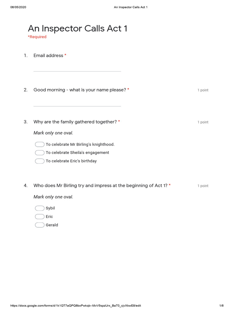 Act 1 Quiz for An Inspector Calls | PDF