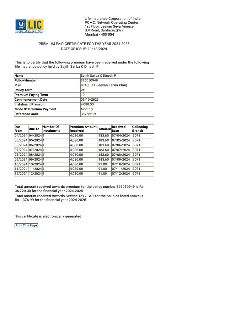 LIC Premium Paid Certificate 2024-2025 | PDF