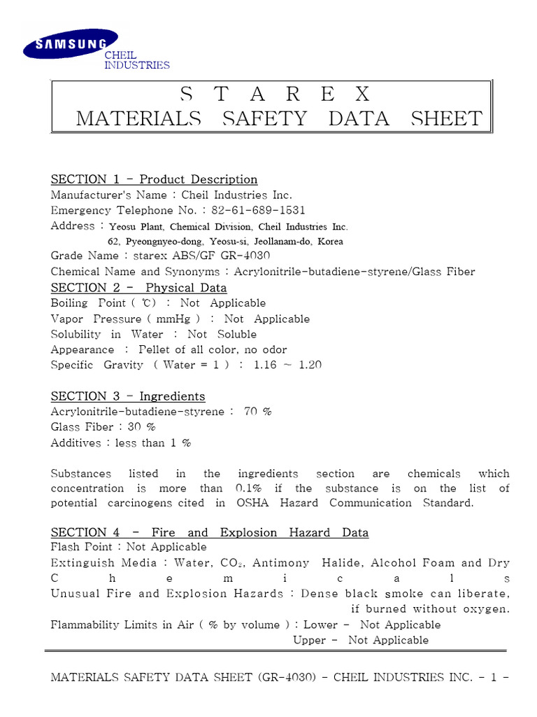 Starex GR-4030 MSDS - Cheil Industries | PDF | Chemical Substances ...