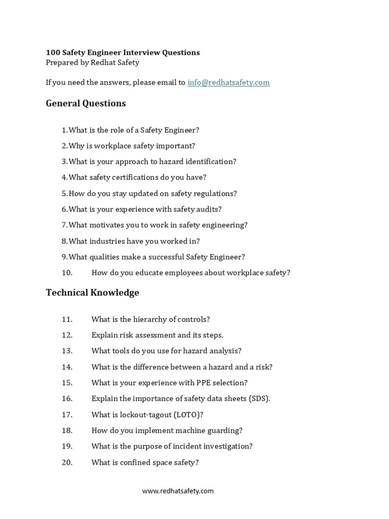 100 Safety Engineer Interview Questions | PDF | Occupational Safety And ...