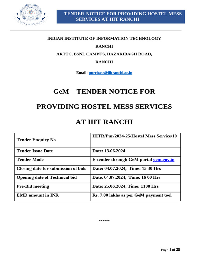IIIT Ranchi Hostel Mess Tender Notice | PDF | Taxes | Legal Liability