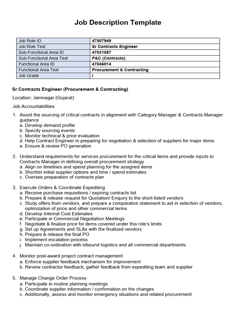 Sr Contracts Engineer Job Description | PDF | Procurement | Business