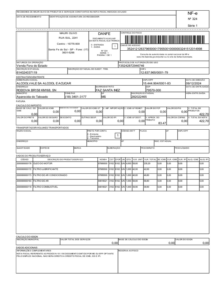 Nota Fiscal Peças Strada 225030 09.12.24 | PDF