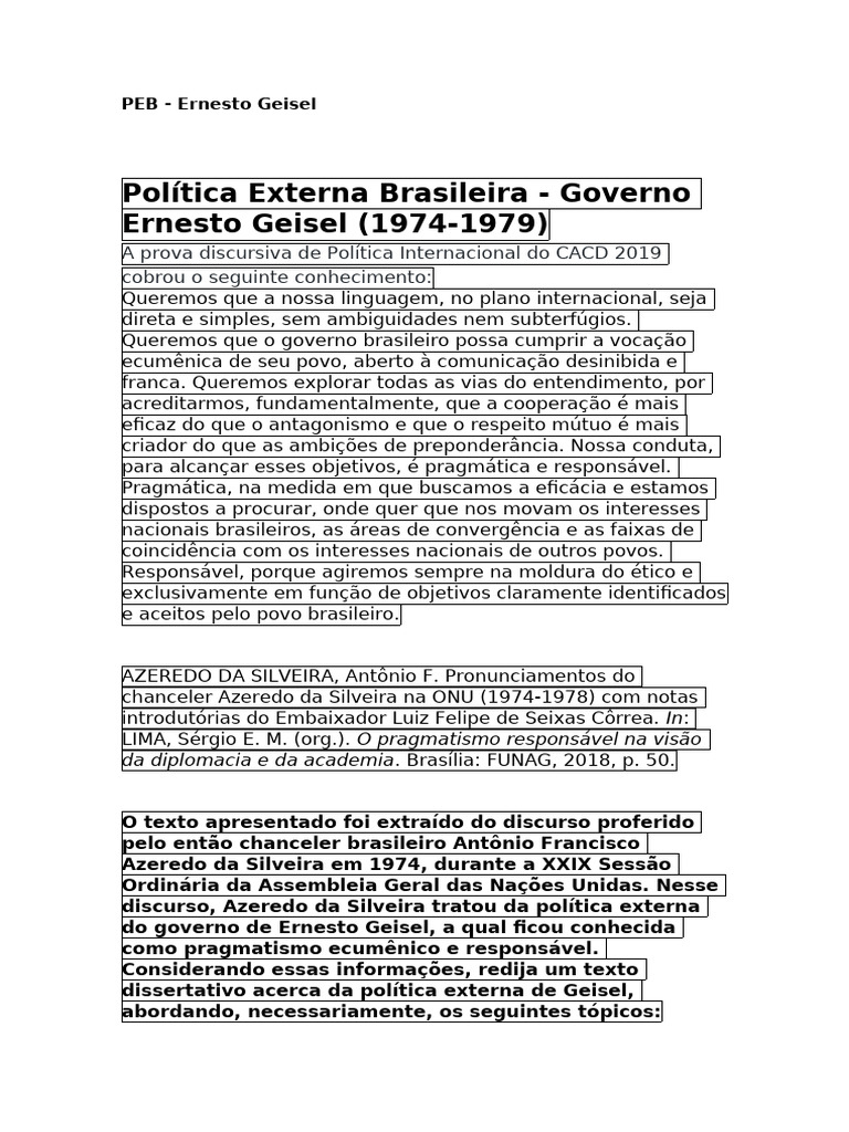 Política Externa de Geisel: Pragmatismo e Ética | PDF | Brasil | Os ...