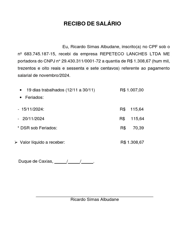 Recibo de Salário - Novembro 2024 | PDF