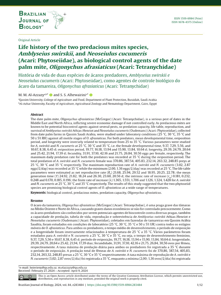 Life History of The Two Predacious Mites Species A | PDF | Biological ...