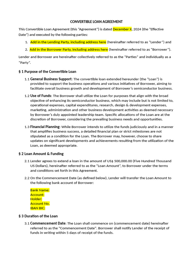 Convertible Loan Agreement for Semiconductor Business | PDF | Loans ...