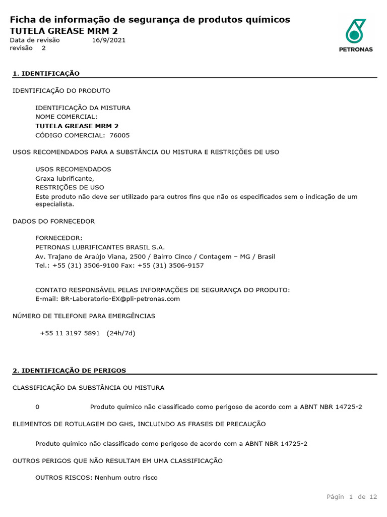 FISPQ TUTELA GREASE MRM 2 | PDF | Incêndios | Química