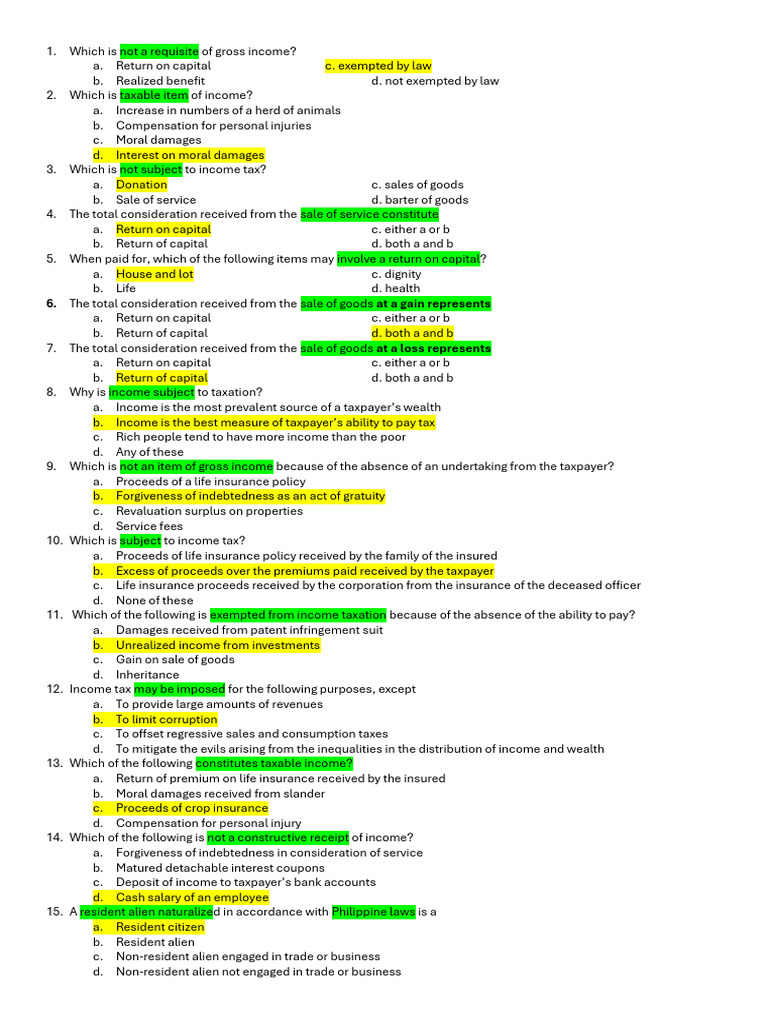 Taxation and Income Classification Quiz | PDF | Taxes | Gross Income